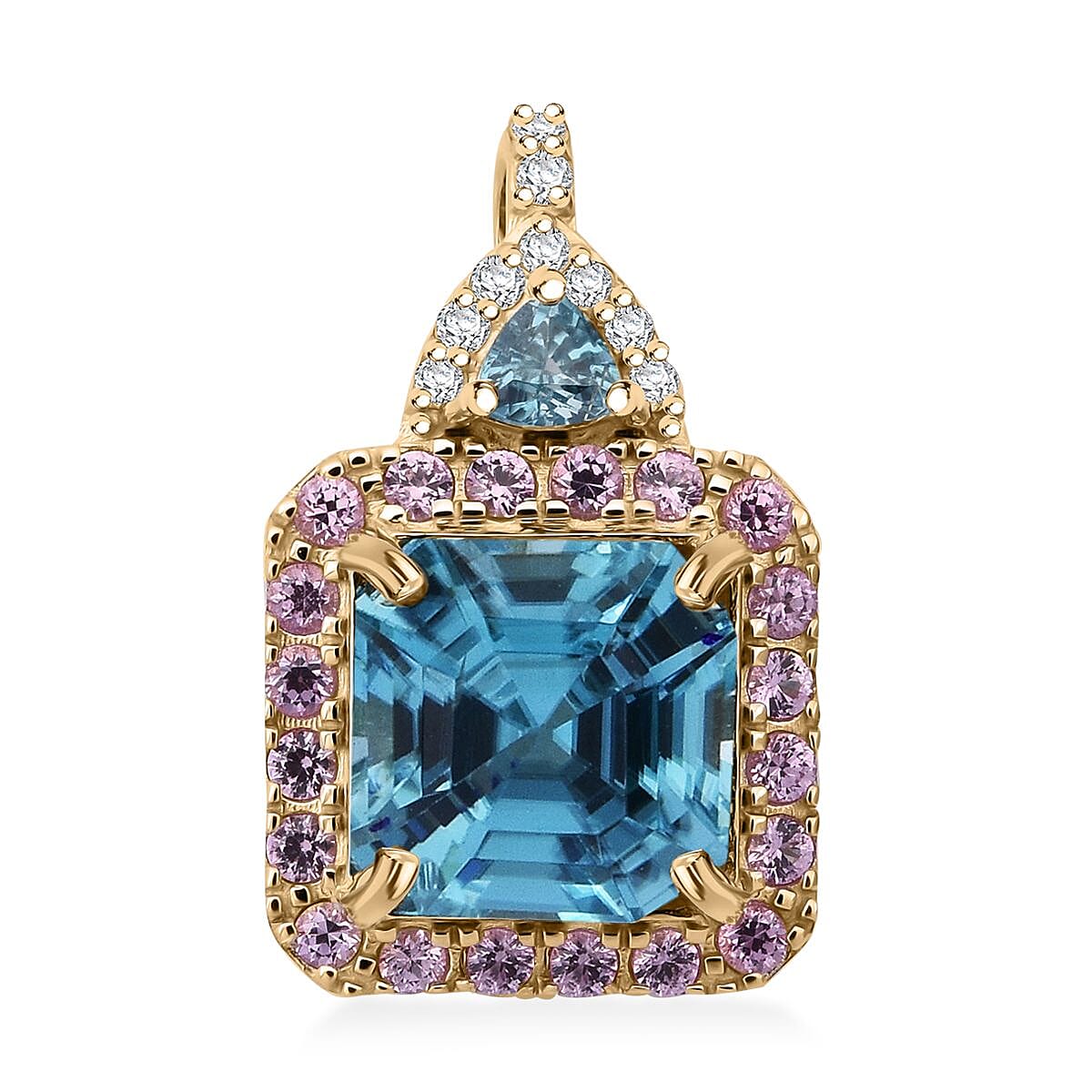 Luxoro Premium Ratanakiri Blue Zircon, Madagascar Pink Sapphire and G-H I2 Diamond 4.70 ctw Pendant without Chain in 10K Yellow Gold