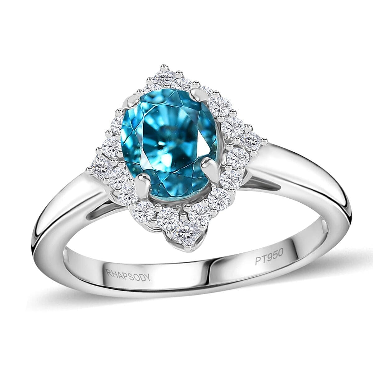 Rhapsody 950 Platinum AAAA Ratanakiri Blue Zircon, Diamond (E-F, VS) (0.25 cts) Ring (Size 6.0) (5.40 g) 3.40 ctw