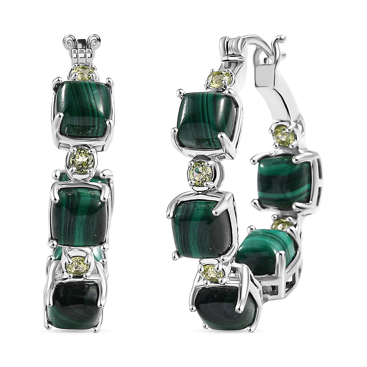 Karis African Malachite and Peridot 19.60 ctw Hoop Earrings in Platinum Bond
