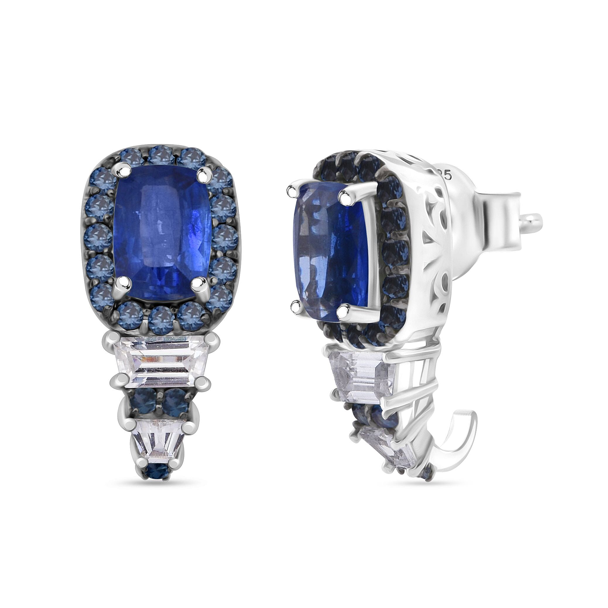 Kashmir Kyanite and Multi Gemstone 4.10 ctw J-Hoop Earrings in Rhodium Over Sterling Silver