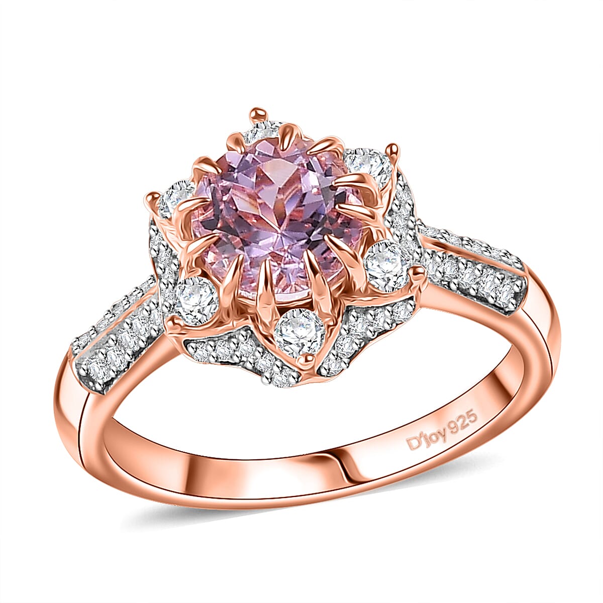 Martha Rocha Kunzite ,  Moissanite  Main Stone With Side Stone Ring in 18K RG Vermeil Sterling Silver 2.19 ctw