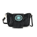 Black Flower Embossed Faux Leather Crossbody Bag with Turquoise Charming Fringes (9.84"x2.76"x6") - Sticky add to cart bar