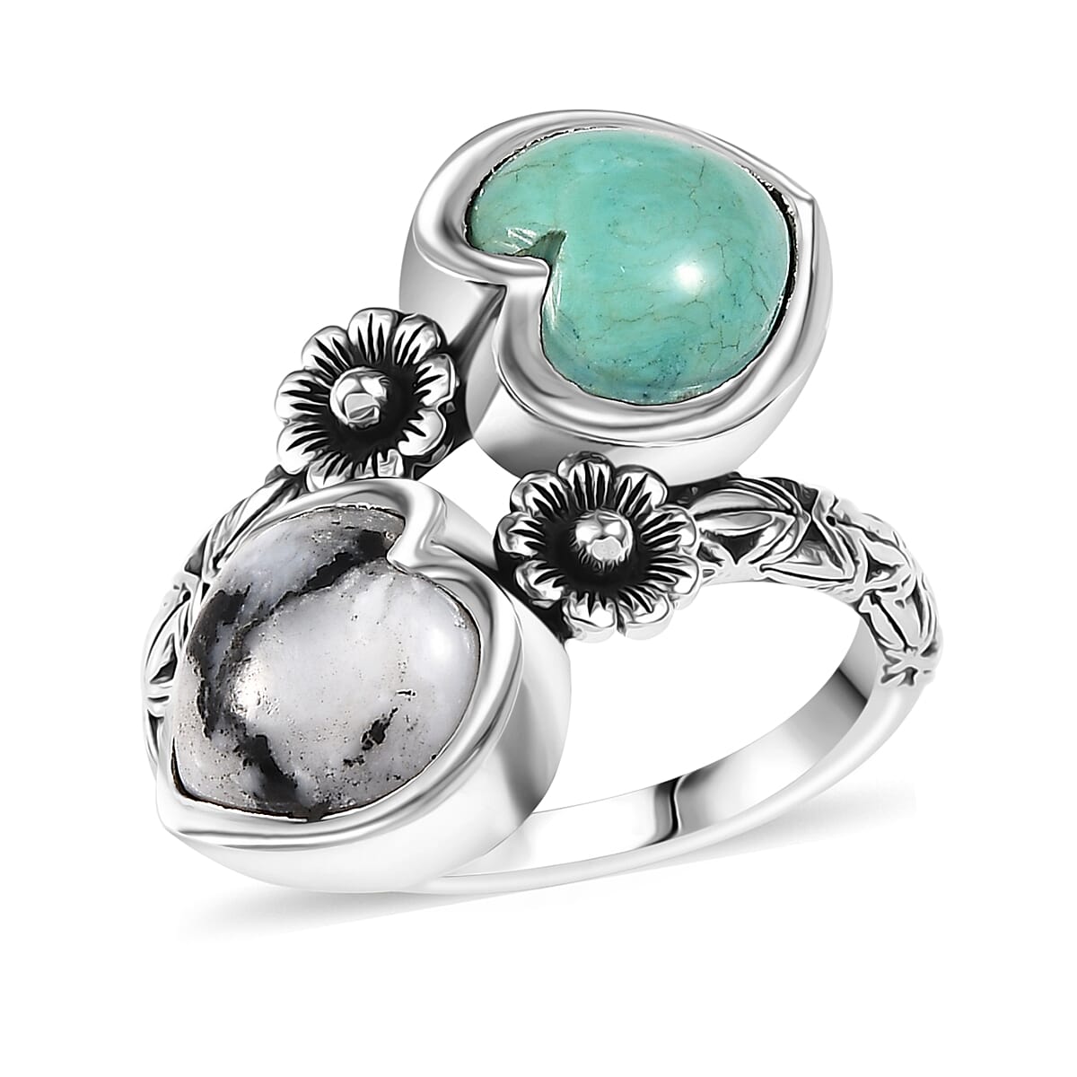 Artisan Crafted Premium Royston Turquoise, White Buffalo Fancy Ring in Sterling Silver (Size 10.0) 5.00 ctw