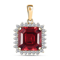 Certified & Appraised Luxuriant AAA Asscher Cut Lab Grown Padparadscha Sapphire, E-F VS Lab Grown Diamond 6.50 ctw Pendant Necklace (18 Inches) in 10K Yellow Gold