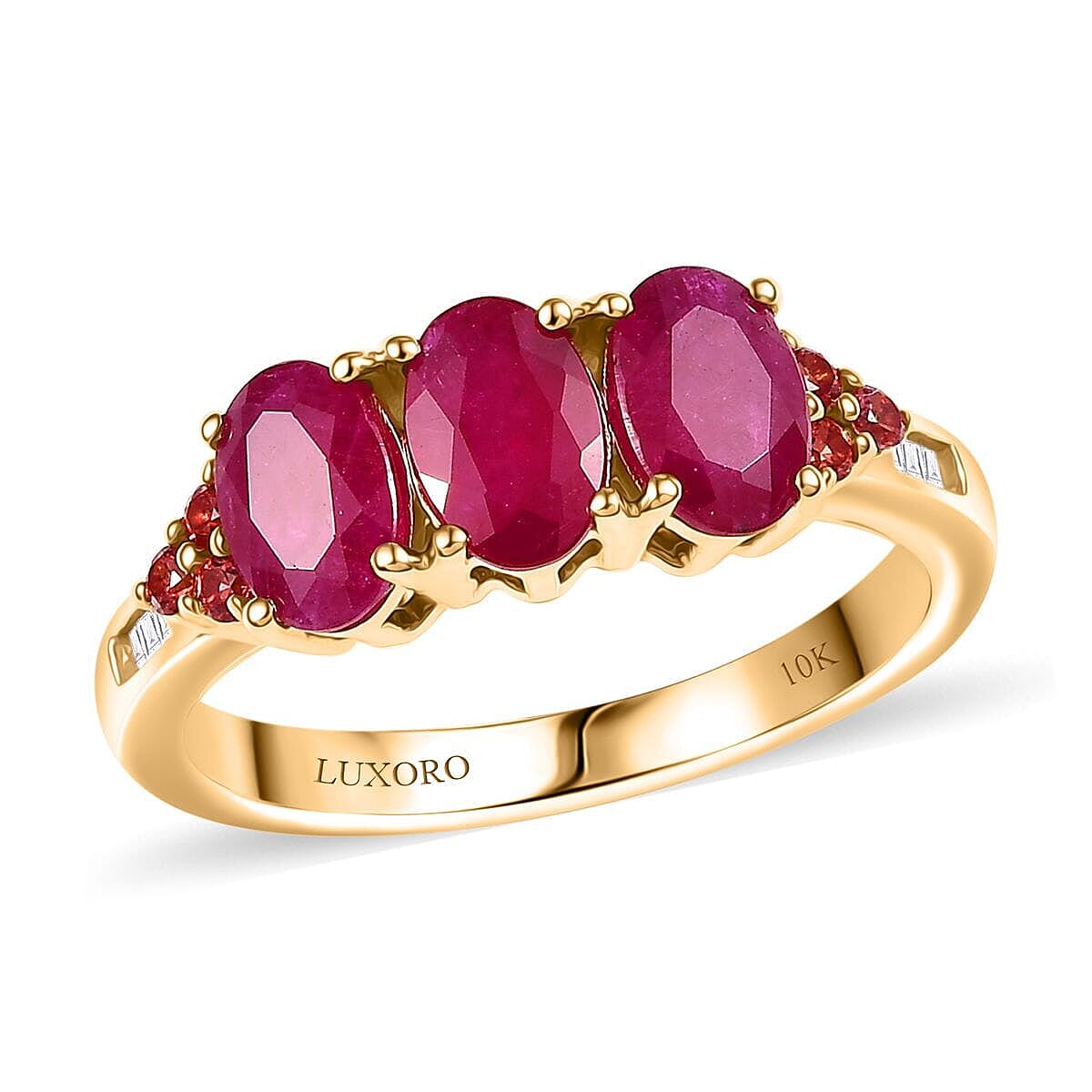 Luxoro 10K Yellow Gold AAA Royal Ruby, Padparadscha Sapphire and White Diamond (I2) Art Deco Halo Ring (Size 10.0) 2.90 ctw