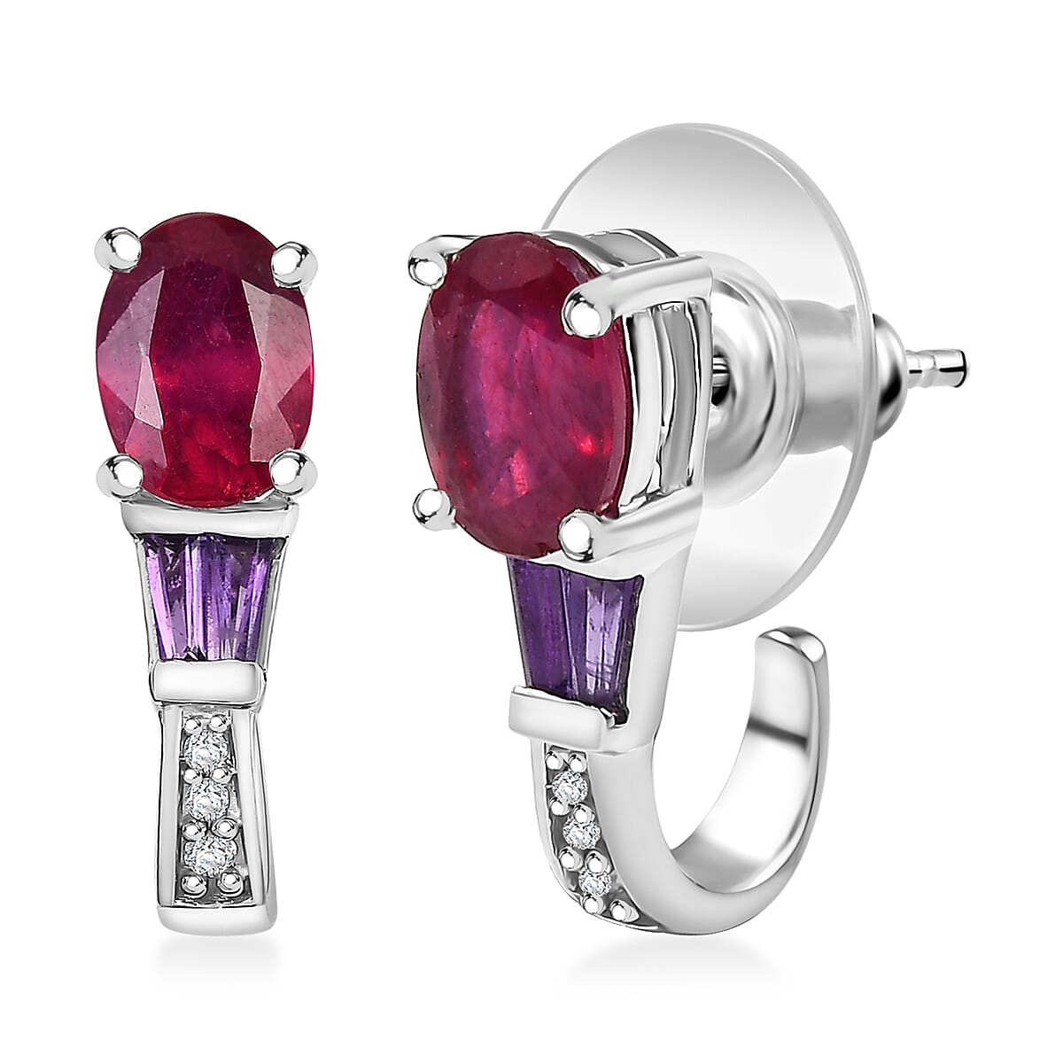 Niassa Ruby (FF) and Multi Gemstone 2.60 ctw Solitaire Stud Earrings in Rhodium Over Sterling Silver