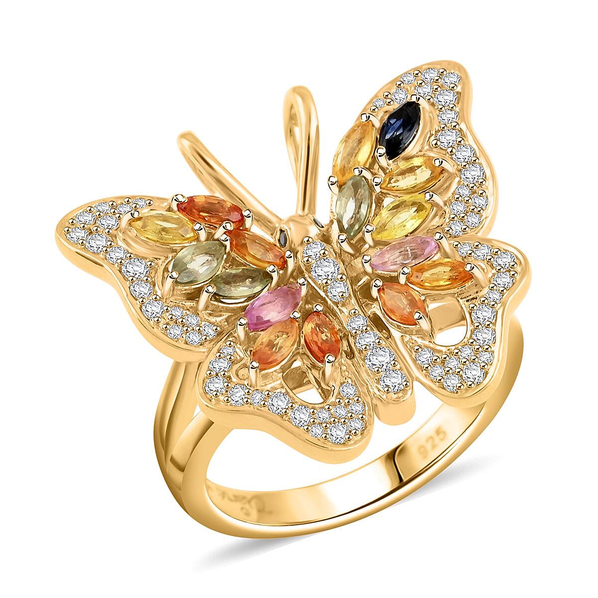 Clarte Flutter Collection Multi Sapphire, Black and White Moissantie Ring in 14K YG Over Sterling Silver (Size 10.0) 1.60 ctw
