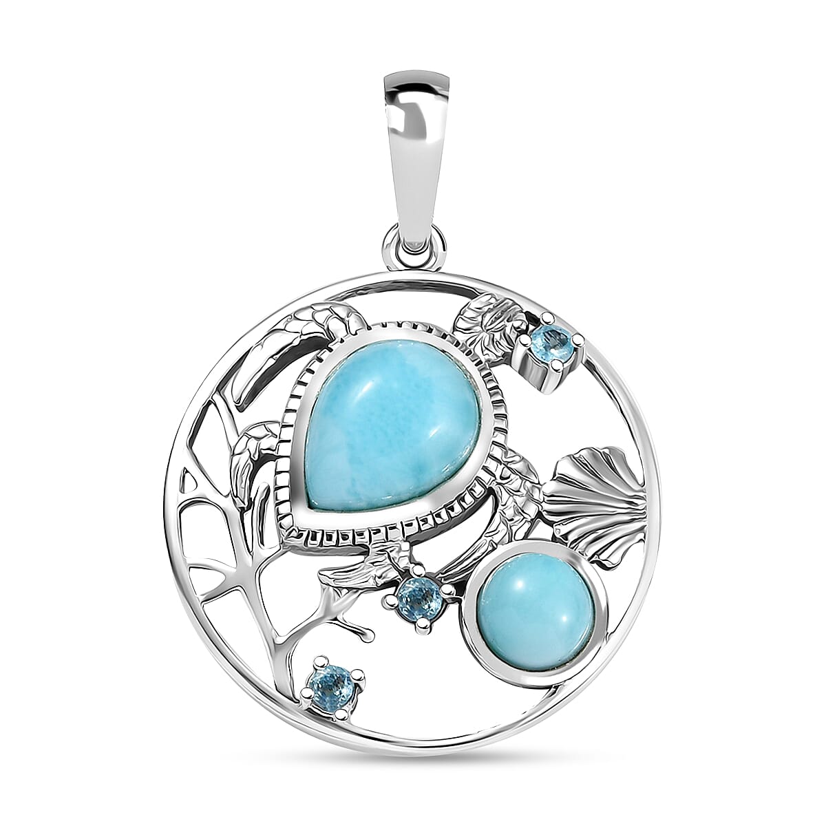 D'Joy Artisan Crafted Premium Larimar and Betroka Blue Apatite 2.90 ctw Turtle Pendant without Chain Sterling Silver