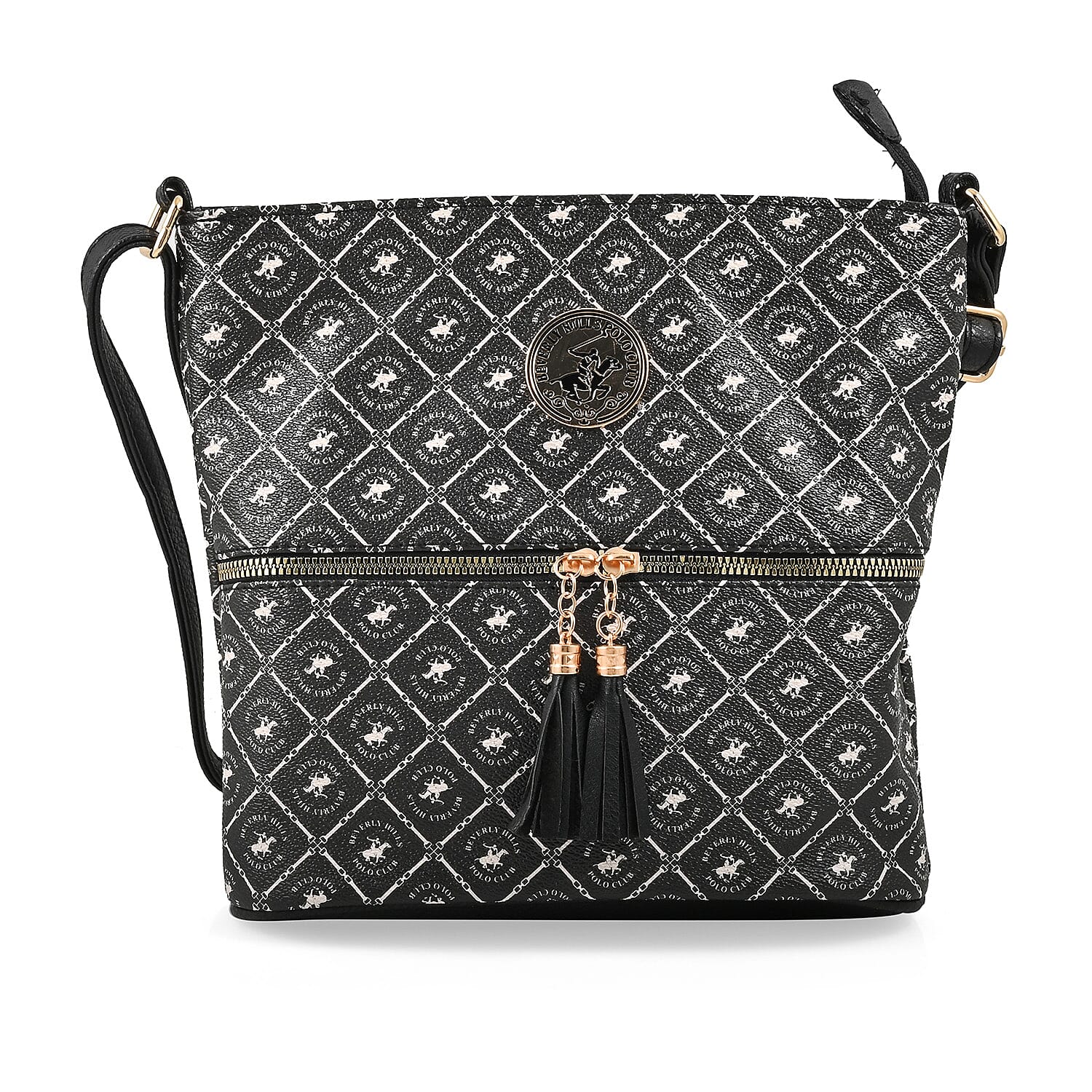 Beverly Hills Polo Club Black & White Logo Pattern Faux Leather Crossbody Bag (10.5"x9.5"x2")