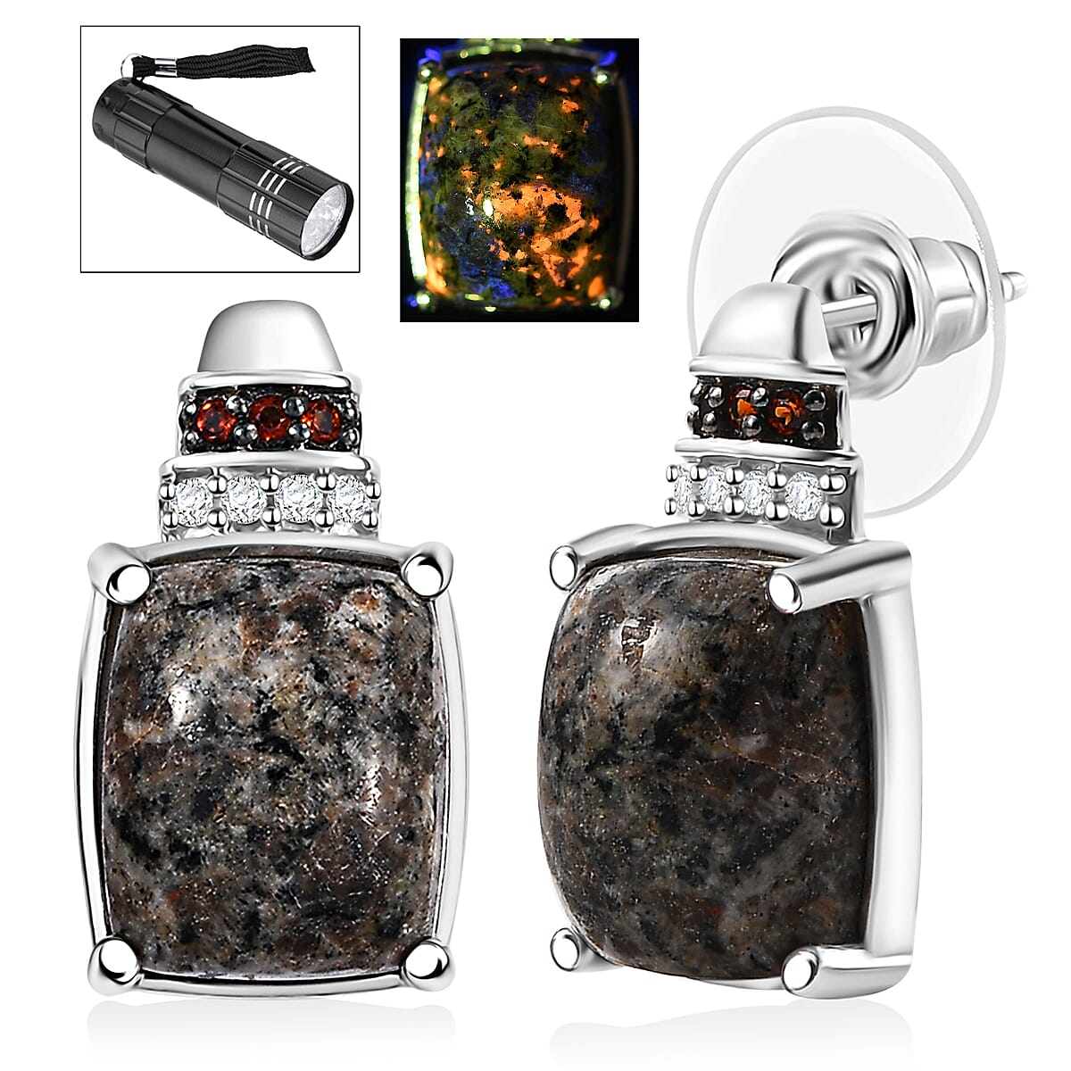 D'Joy Natural Yooperlite and Multi Gemstone 11.60 ctw Earrings in Rhodium Over Sterling Silver with Free UV Flash Light
