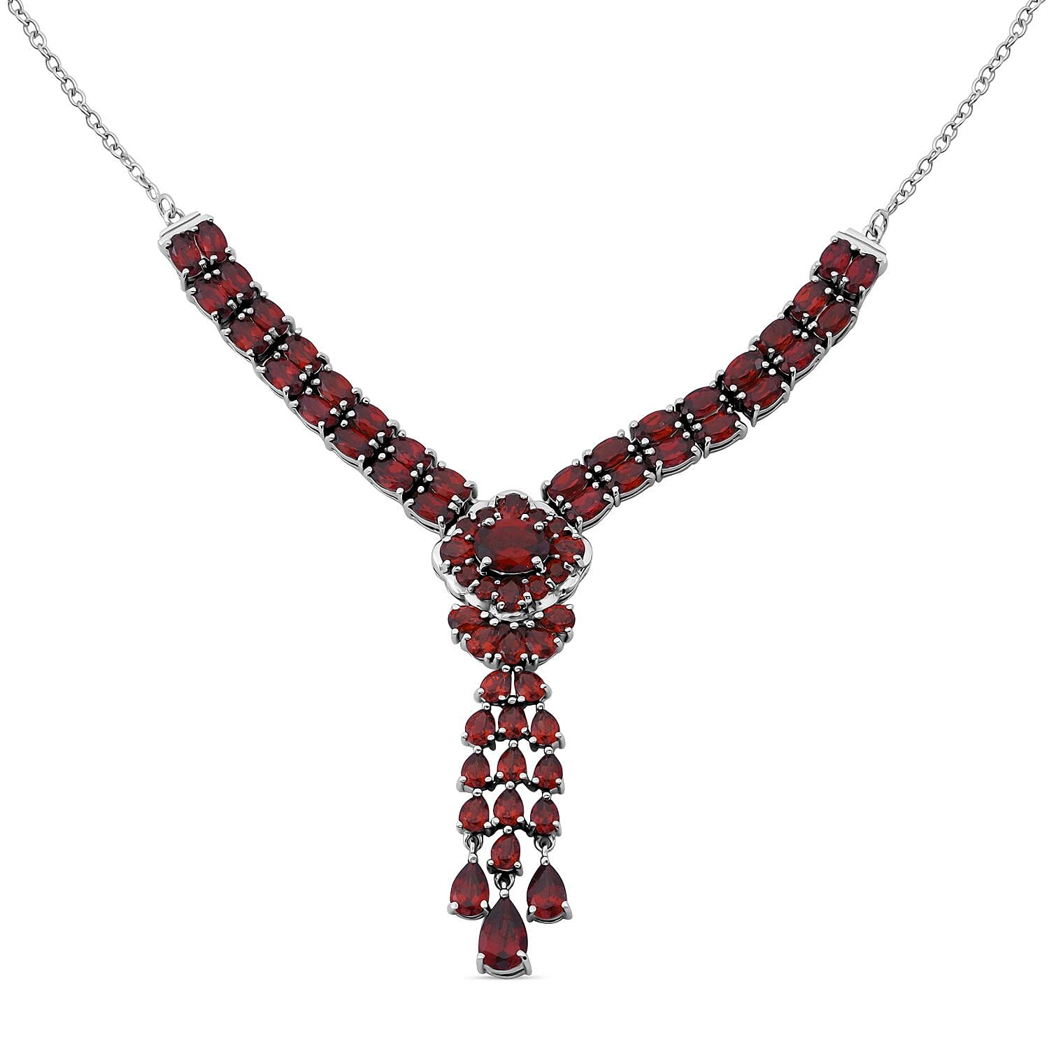 Epic Deal Mozambique Garnet Tassels Necklace (18 Inches) in Rhodium Over Sterling Silver 19.80 ctw