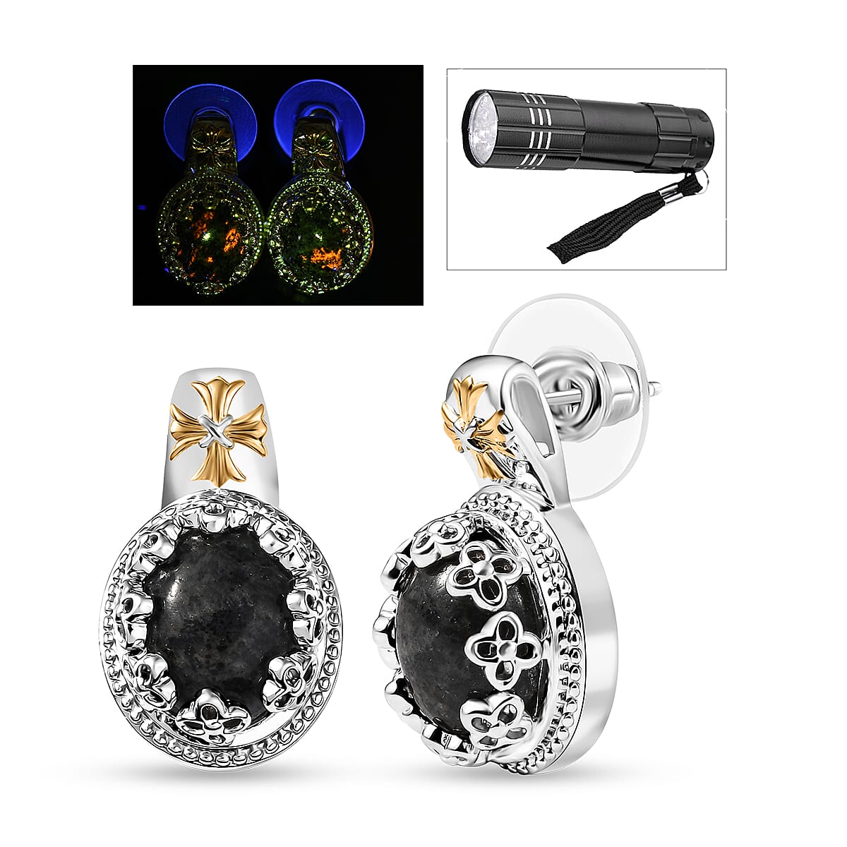 Karis Natural Yooperlite 10.10 ctw Crown Earrings in 18K YG Plated and Platinum Bond with Free UV Flash Light