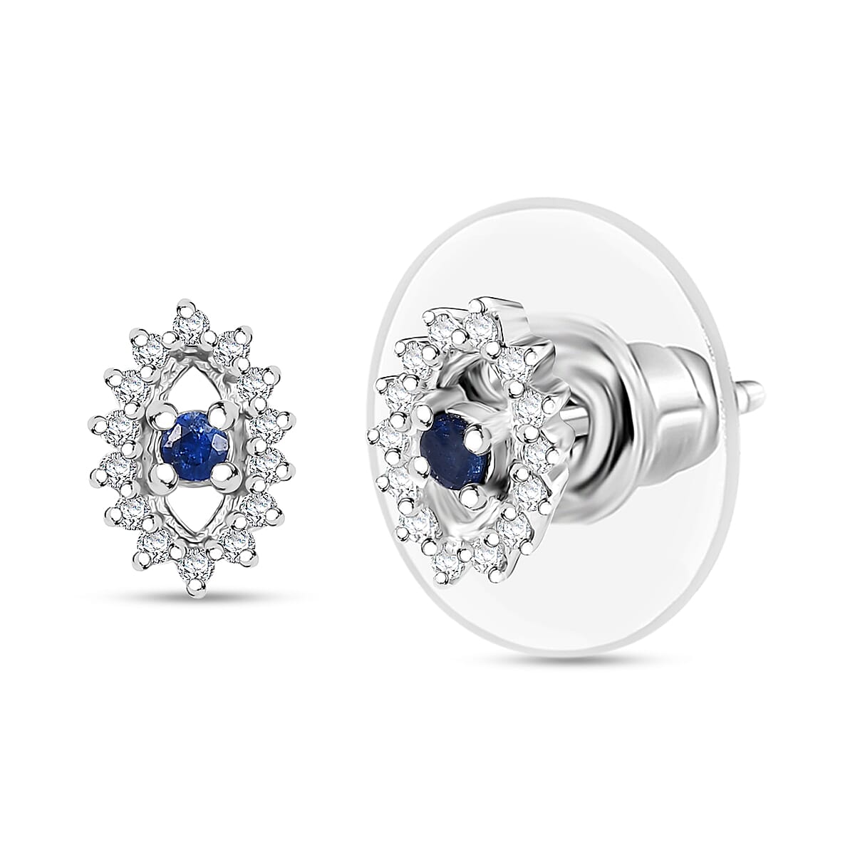D'Joy Kanchanaburi Blue Sapphire and Moissanite 0.30 ctw Solitaire Stud Earrings in Rhodium Over Sterling Silver