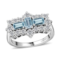 Aquamarine ,  Moissanite  Main Stone With Side Stone Ring in Rhodium OverlaySterling Silver 1.91 ctw