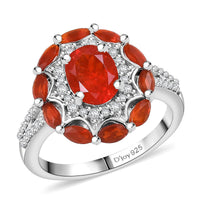 Crimson Fire Opal and White Zircon 2.25 ctw Sunflare Halo Ring in Rhodium Over Sterling Silver (Size 10.0)
