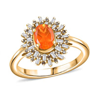 Crimson Fire Opal, Natural Champagne and White Diamond (0.35 cts) Sunkissed Spark Ring in 18K Vermeil YG Over Sterling Silver (Size 10.0) (Del. In 8-10 Days) 1.00 ctw
