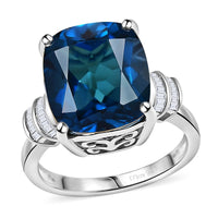 Premium London Blue Topaz, Diamond (0.17 cts) Ring in Rhodium Over Sterling Silver (Size 6.0) 11.20 ctw