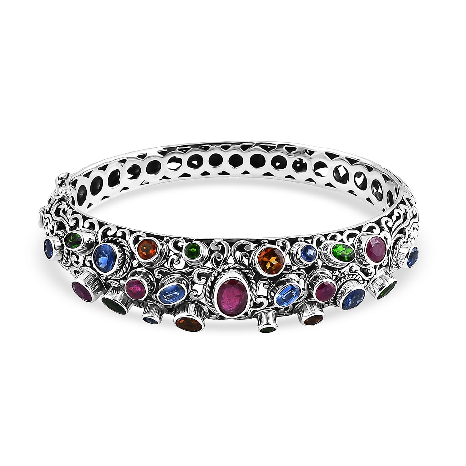 Bali Legacy Niassa Ruby (FF), Multi Gemstone Bangle Bracelet in Sterling Silver (7.25 In) 10.25 ctw