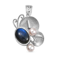 Malagaasy Labradorite and White Pearl 7.10 ctw Pendant without Chain in Rhodium Over Sterling Silver