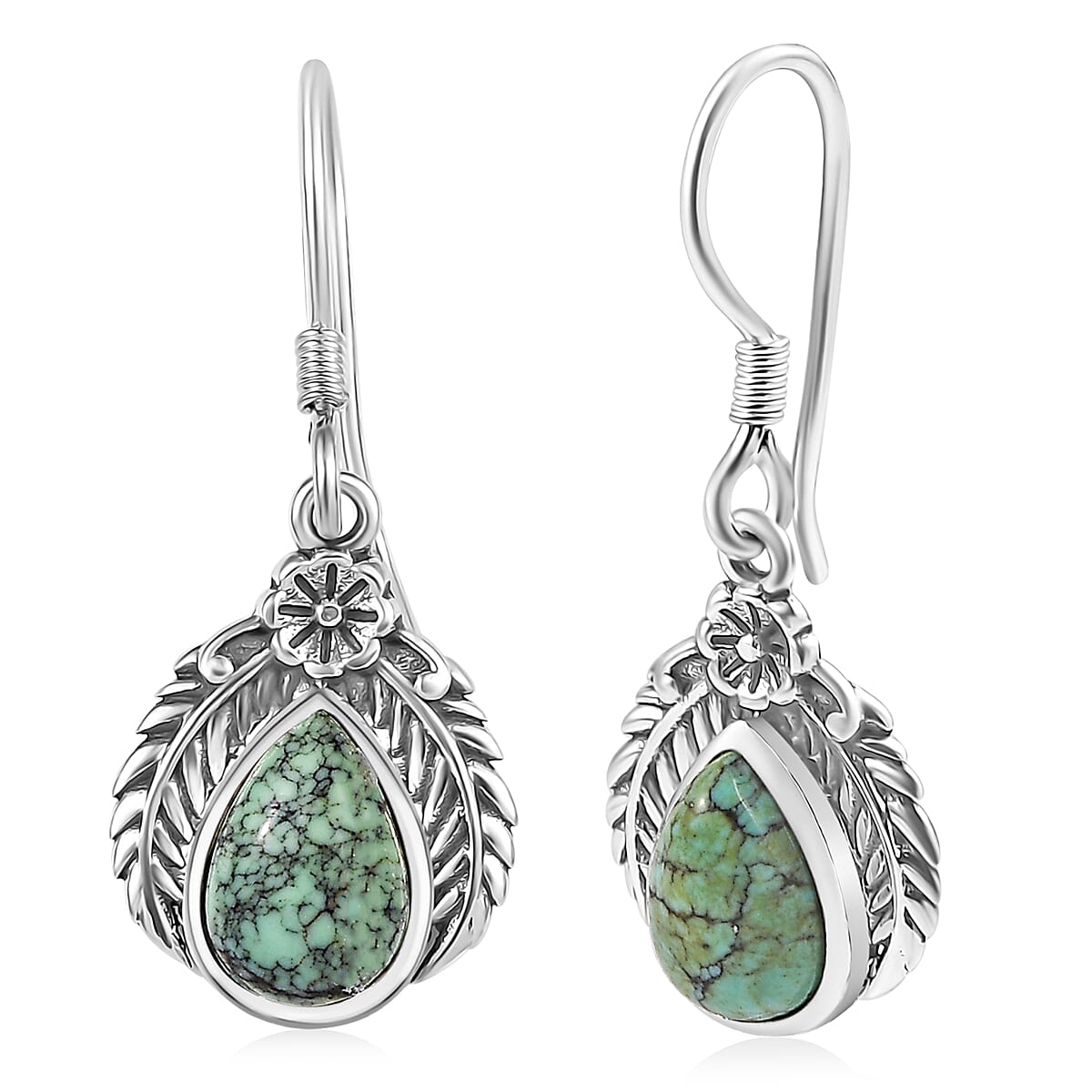 D'Joy Artisan Crafted Blue Moon Turquoise 3.30 ctw Floral Earrings in in Black Oxidized Sterling Silver