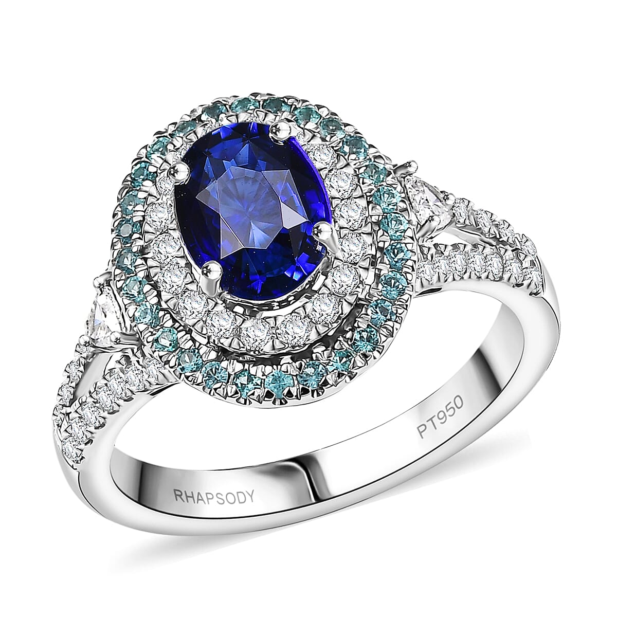 Certified & Appraised Rhapsody AAAA Ceylon Blue Sapphire, Paraiba Tourmaline and E-F VS Diamond 3.00 ctw Ring in 950 Platinum (Size 7.0) 9 Grams (1)