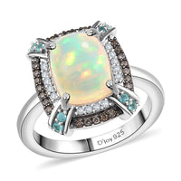 Premium Ethiopian Welo Opal, Paraiba Tourmaline, Natural Chamapage and White Diamond (0.28cts) Ring in Rhodium Over Sterling Silver (Size 10.0) 2.20 ctw