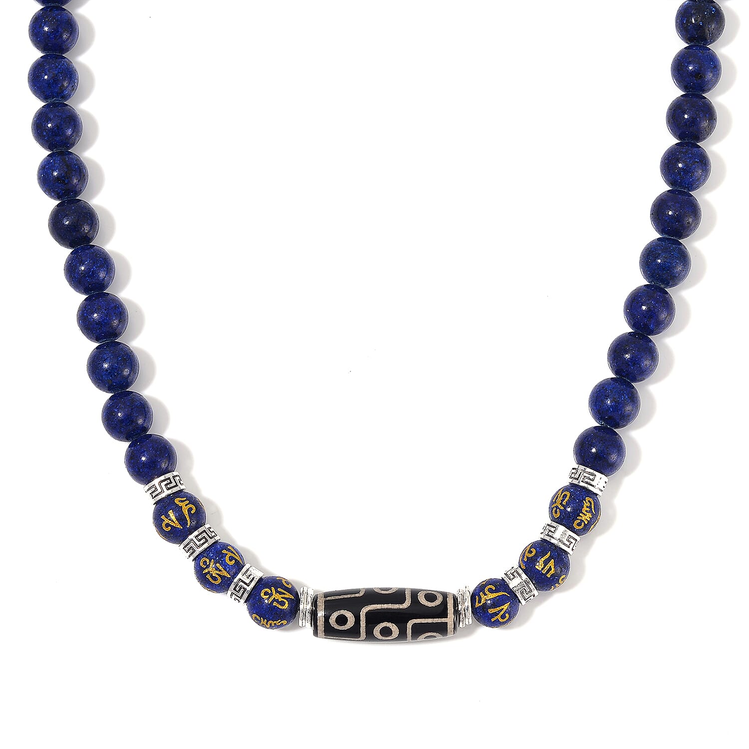 Nine Eyed Agate Dzi Beads and Lapis Lazuli 305 ctw Necklace 18-20 Inches in Silvertone