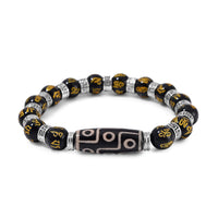 Nine Eyed Agate Dzi Beads and Black Obsidian 135 ctw Feng Shui Beaded Stretch Bracelet in Silvertone