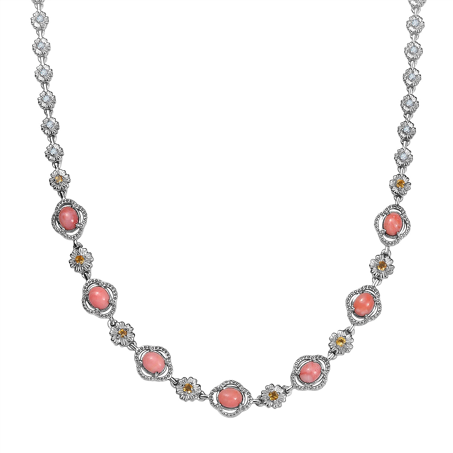 Karis Oregon Peach Opal and Multi Gemstone 2.50 ctw Floral Necklace in Platinum Bond 18 Inches