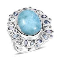Premium Larimar, Multi Gemstone Ring in Rhodium Over Sterling Silver (Size 10.0) 16.25 ctw