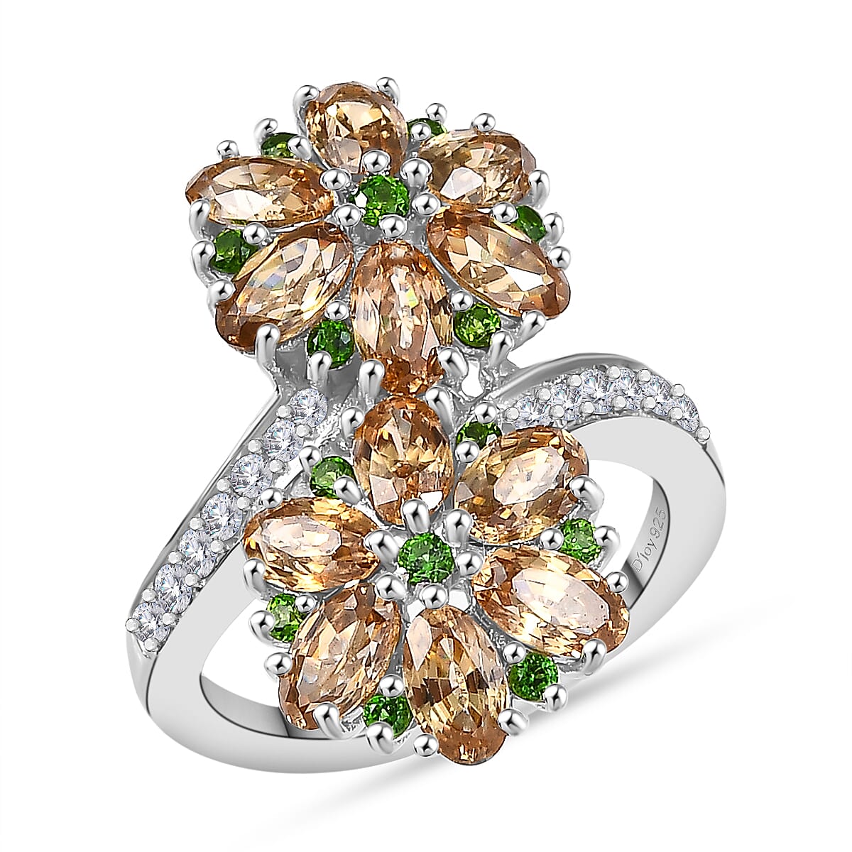Premium Tanzania Yellow Zircon and Multi Gemstone 4.70 ctw Blossom Bypass Ring in Rhodium Over Sterling Silver (Size 10.0)