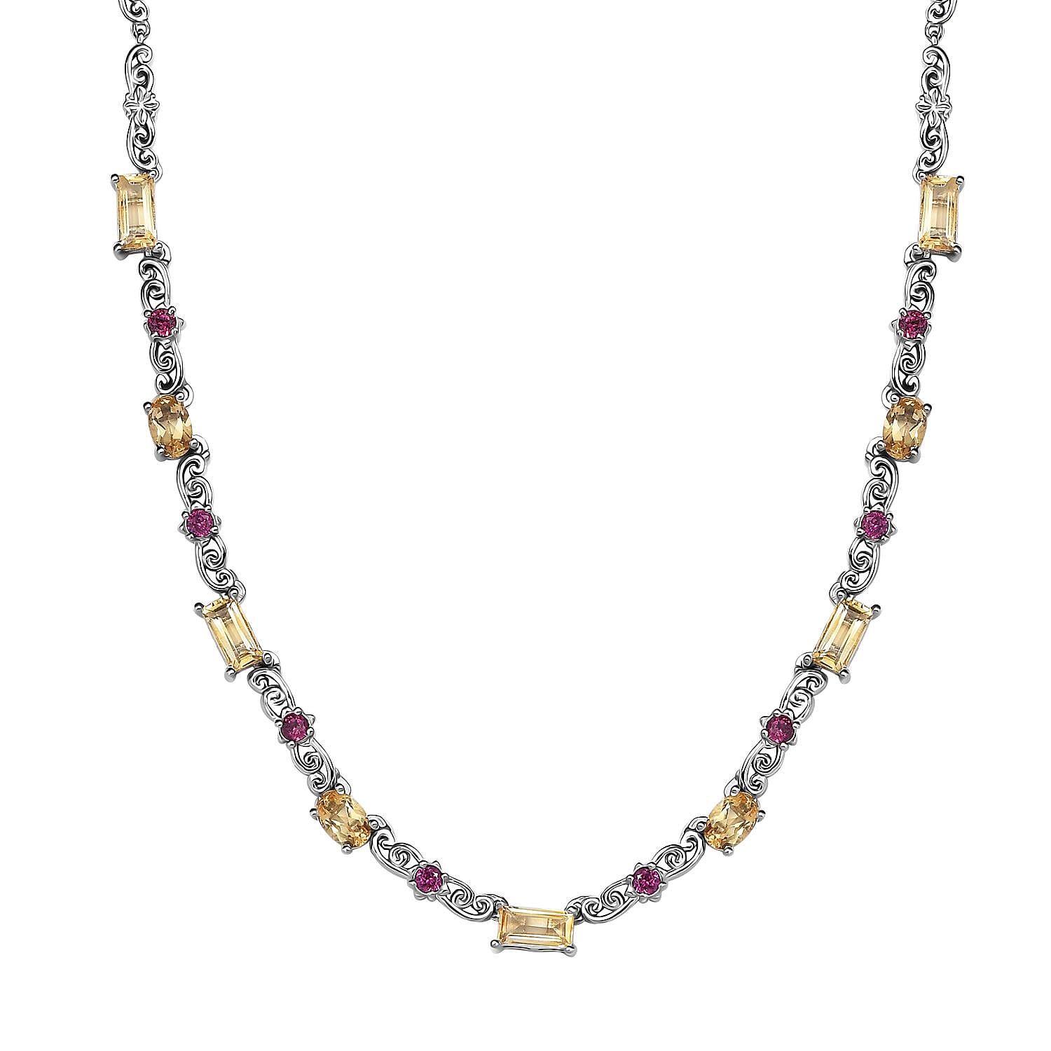 Karis Brazilian Citrine and Orissa Rhodolite 5.35 ctw Garnet Art Deco Necklace Platinum Bond 18 Inches