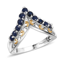 Premium Kanchanaburi Blue Sapphire 1.00 ctw Chevron Ring in Vermeil YG and Rhodium Over Sterling Silver (Size 10.0)