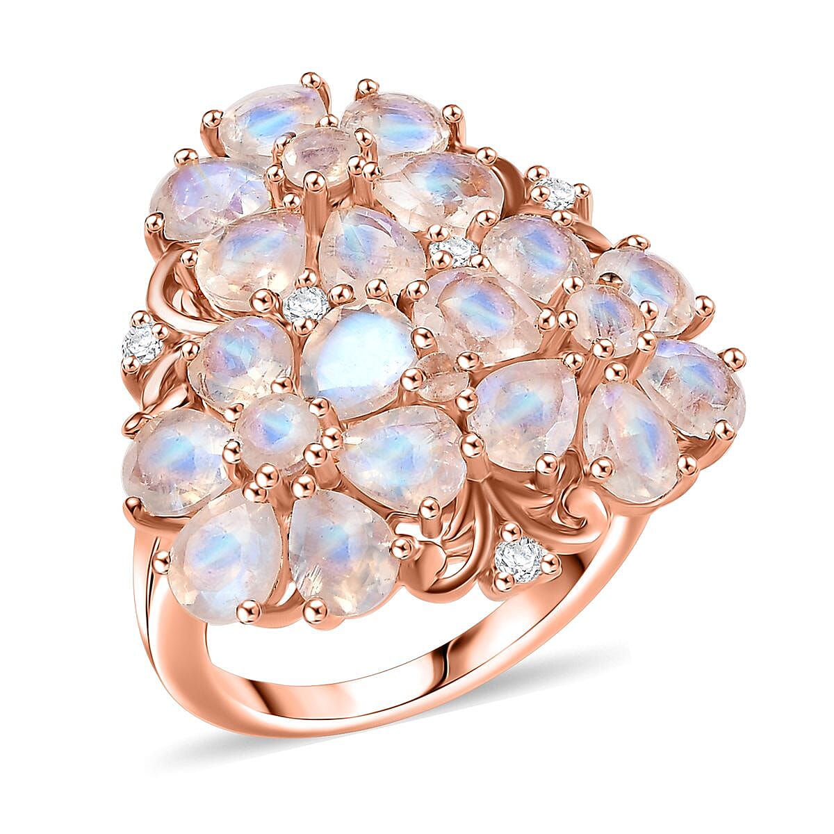 Karis Moon Glow Moonstone and White Zircon 6.30 ctw Floral Ring 18K RG Plated (Size 10.0)