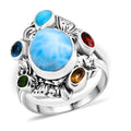 Bali Legacy Larimar and Multi Gemstone 7.10 ctw Floral and Butterfly Ring in Sterling Silver (Size 10.0) - Sticky add to cart bar
