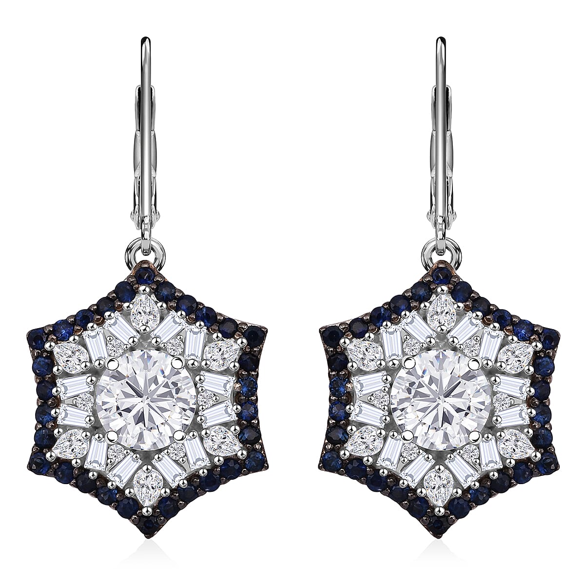 Heart and Arrow Cut Moissanite (Rnd 7mm), Ceylon Sapphire Earrings in Rhodium Over Sterling Silver 5.40 ctw