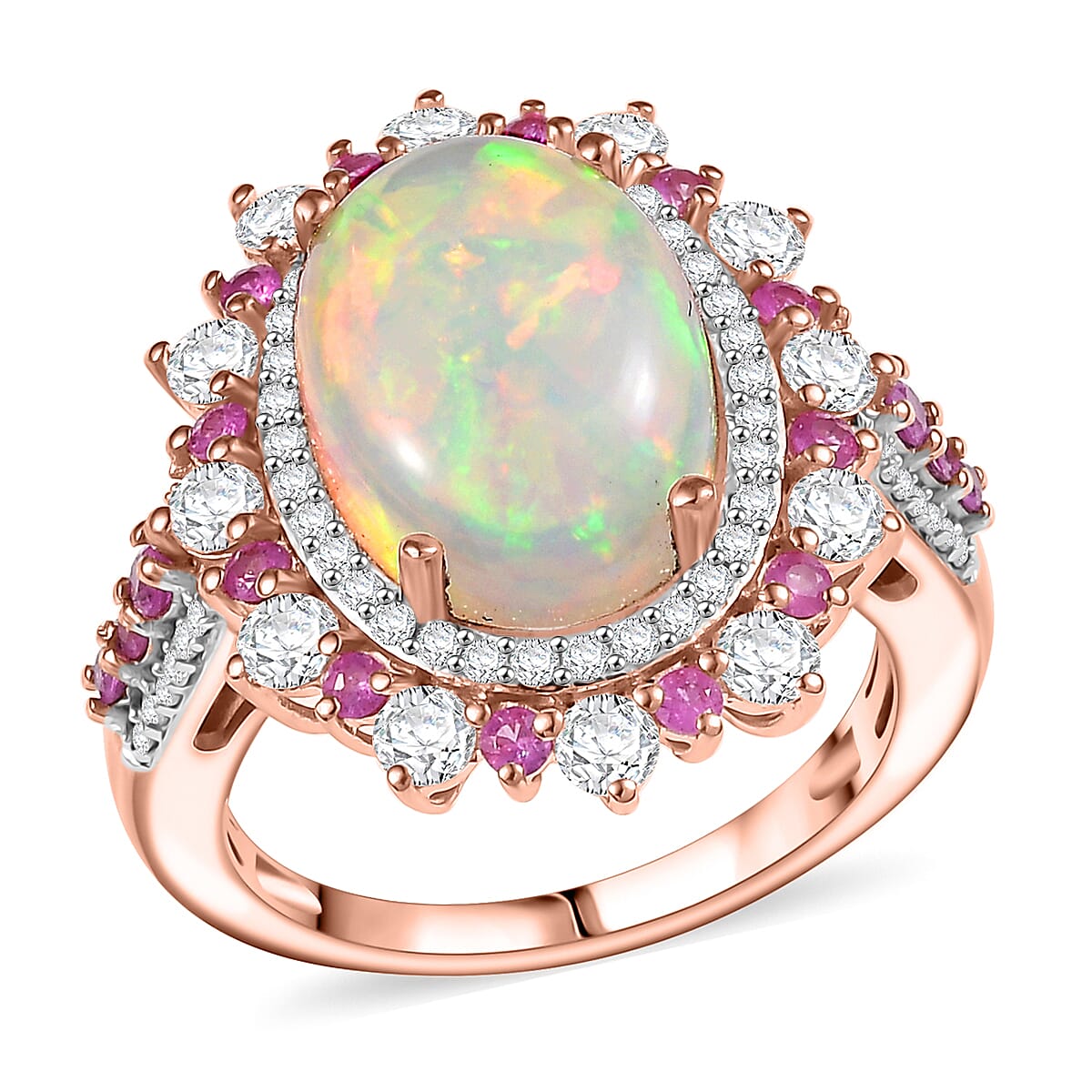 D'Joy Premium Ethiopian Welo Opal and Multi Gemstone 5.10 ctw Cherry Blossom Ring in 18K Vermeil Rose Gold Over Sterling Silver