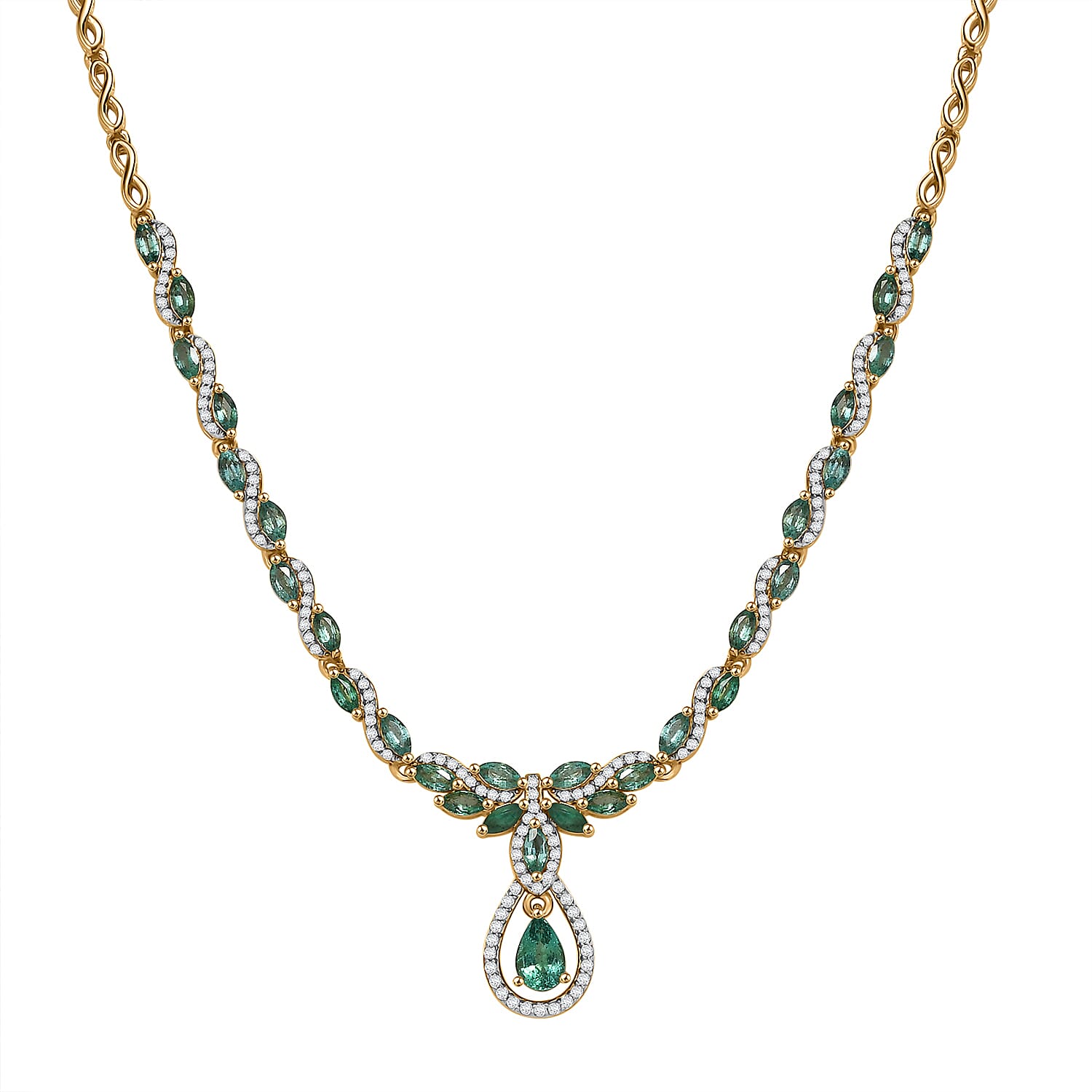 D'Joy Premium Kagem Zambian Emerald and White Zircon 3.90 ctw Whispering Leaves Necklace in 18K Vermeil Yellow Gold Over Sterling Silver 18 Inches