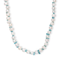 White Fresh Water Pearl and Betroka Blue Apatite 25.00 ctw Necklace in Rhodium Over Sterling Silver 18 Inches