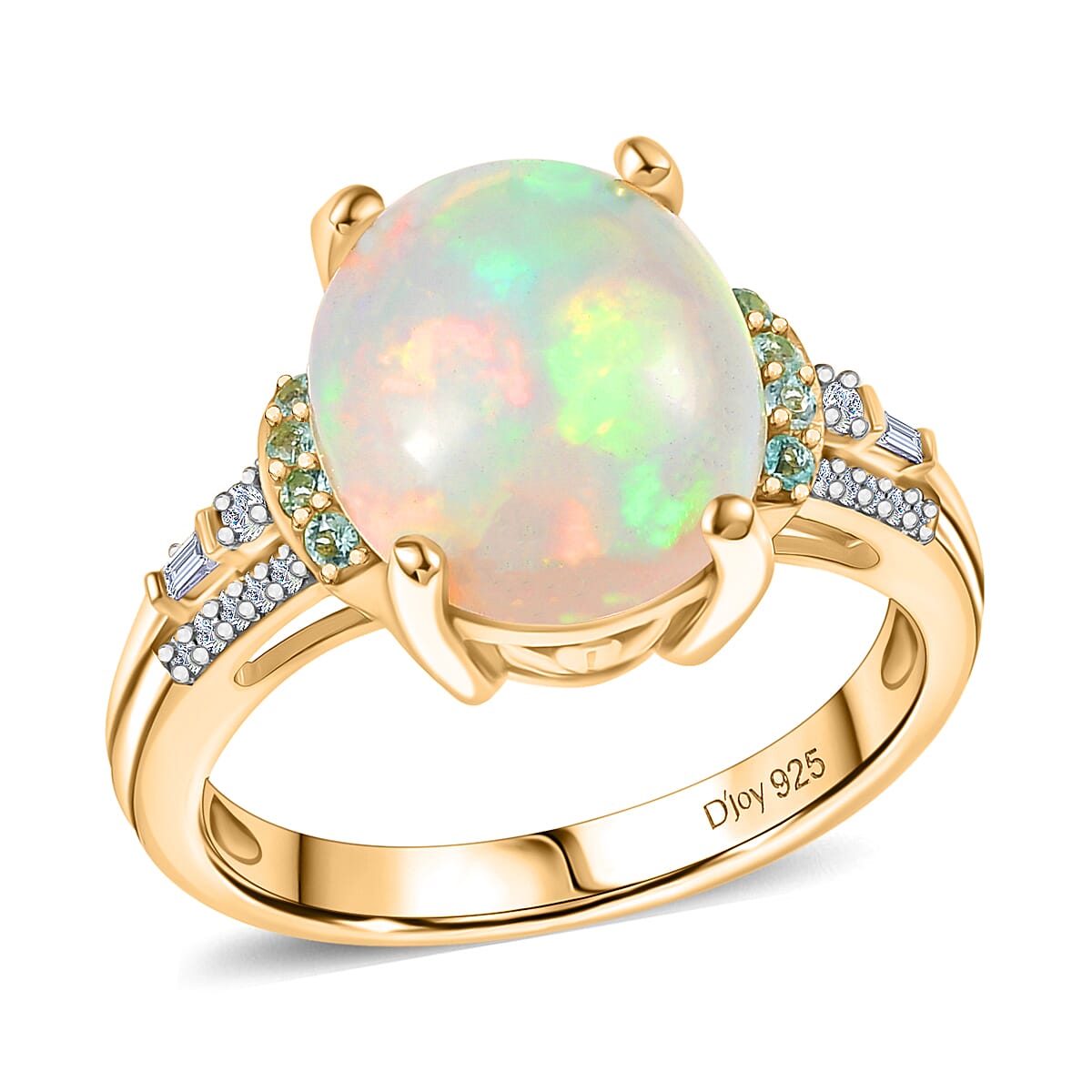 D'Joy Premium Ethiopian Welo Opal, Paraiba Tourmaline and Diamond 3.20 ctw Aurora Moon Ring in 18K Vermeil Yellow Gold Over Sterling Silver