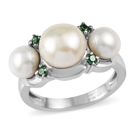 Ever True White Freshwater Pearl, Simulated Green Diamond Garden Trio Ring in Stainless Steel (Size 10.0) (Del. in 8-10 Days) 0.35 ctw