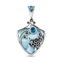 Sajen Silver Larimar and Celestial Blue Doublet Quartz 23.70 ctw Turtle Pendant without Chain in Rhodium Over Sterling Silver