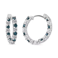 Luxuriant Lab Grown Blue Diamond (IR) and Lab Grown White Diamond SI 1.85 ctw Midnight Ice Hoop Earrings in Rhodium Over Sterling Silver