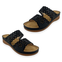 Cherokee Black Embroidered 2 Strap Wedge Sandals - Size 6