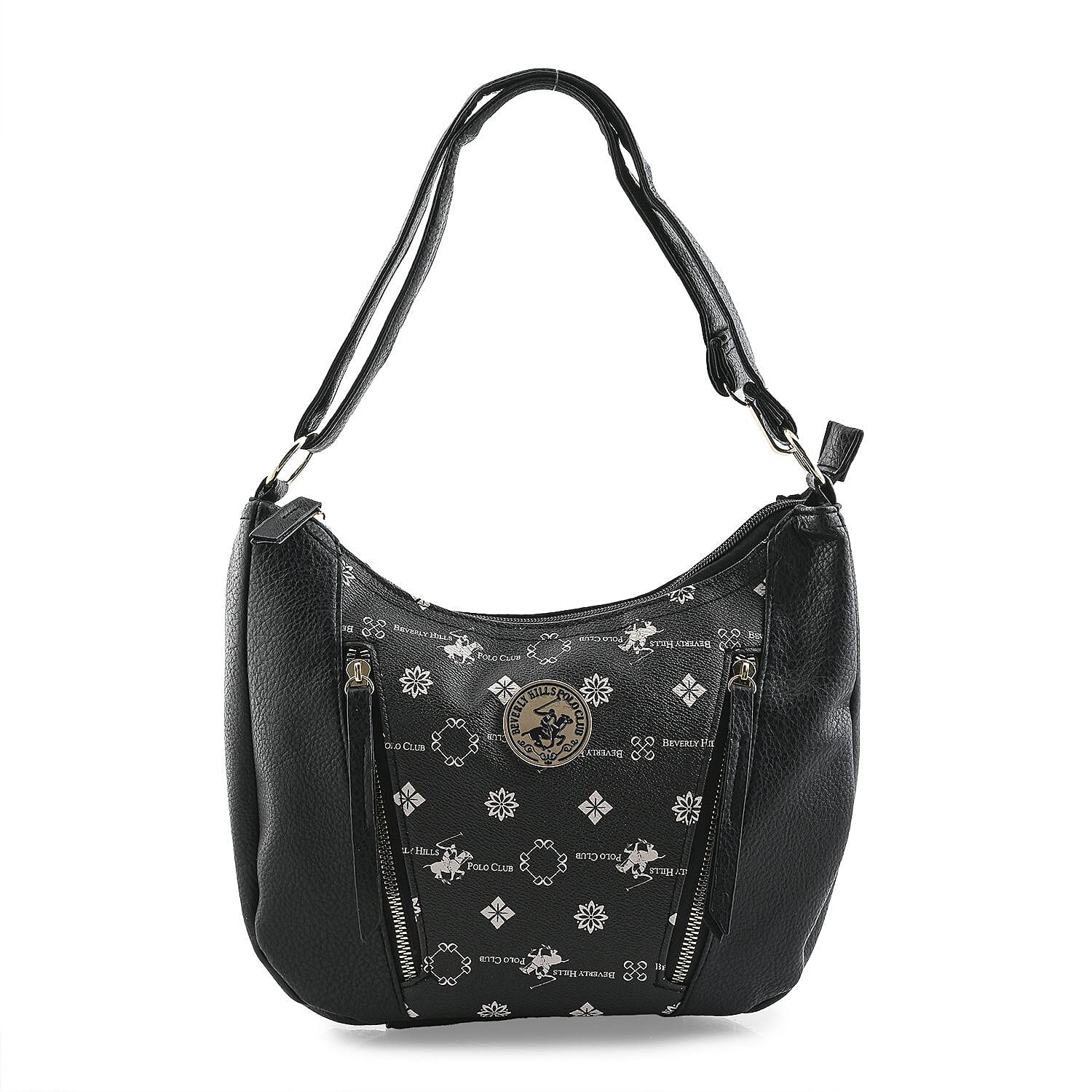 Beverly Hills Polo Club Black Logo Pattern & Solid Vegan Leather Shoulder Bag