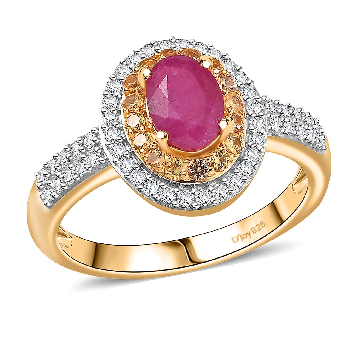 D'Joy Premium Montepuez Ruby, Multi Gemstone Sunfire Regalia Ring in 18K Vermeil YG Over Sterling Silver (Size 10.0) 1.70 ctw