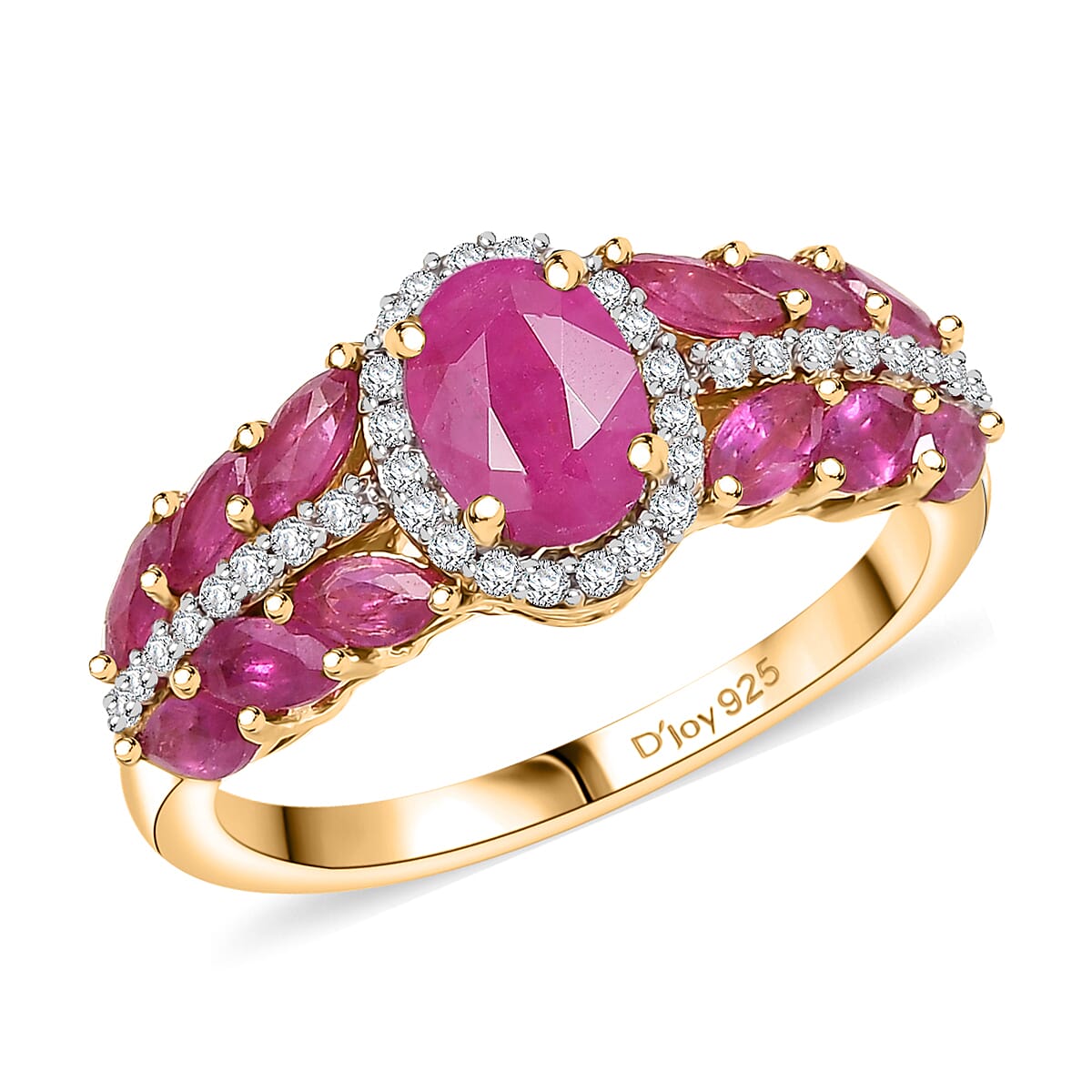 D'Joy Premium Montepuez Ruby and Moissanite 2.60 ctw Regal Bloom Ring in 18K Vermeil Yellow Gold Over Sterling Silver
