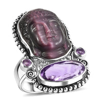 Sajen Silver African Amethyst Carved Buddha 22.90 ctw Ring in Rhodium Over Sterling Silver