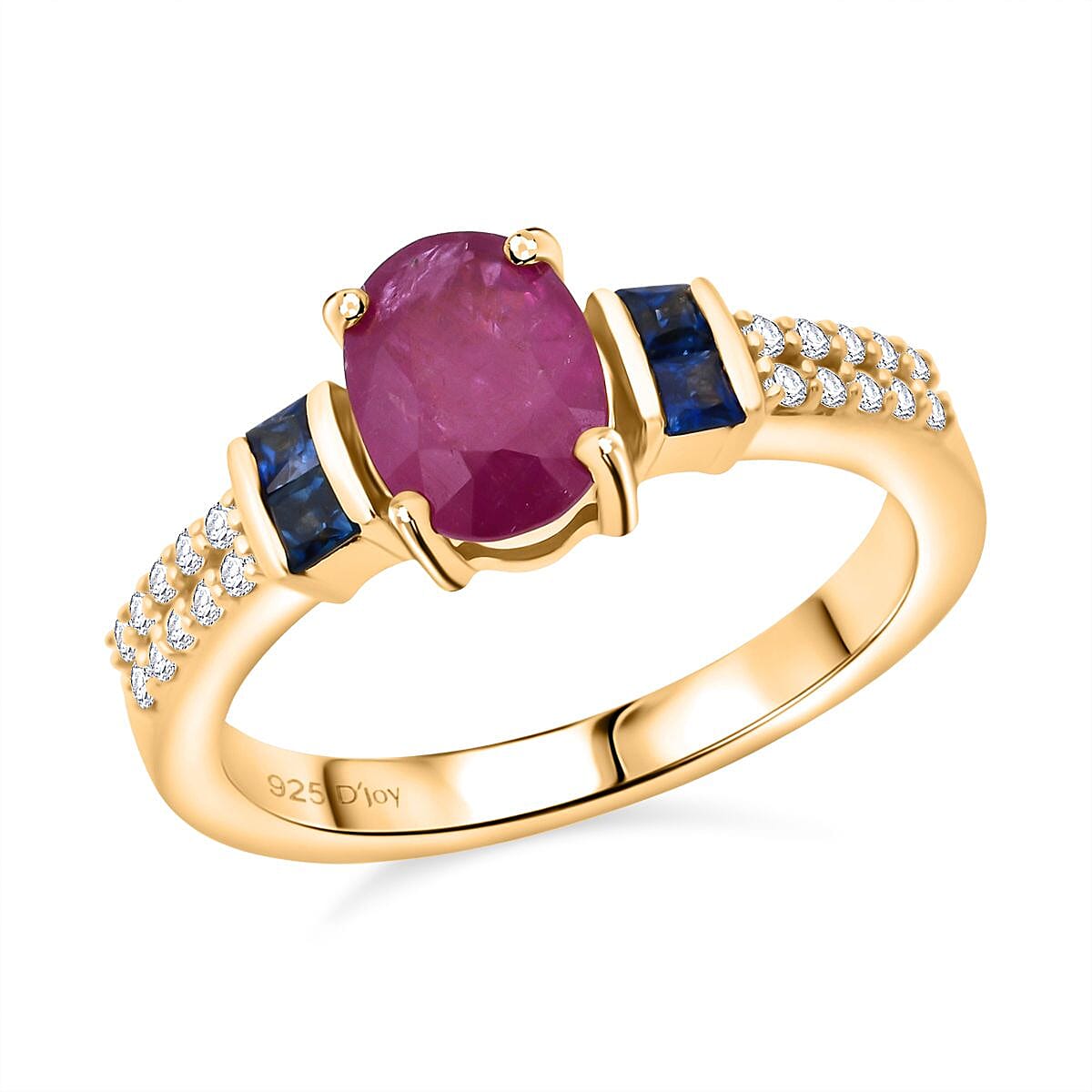 D'Joy Mozambique Ruby, Multi Gemstone Ring in 18K Vermeil YG Over Sterling Silver (Size 10.0) 1.40 ctw