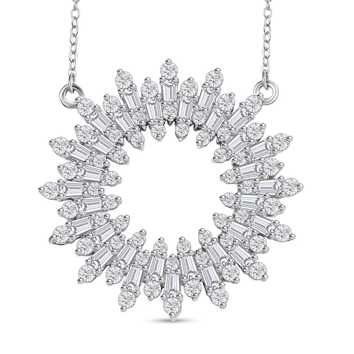 D'Joy White Zircon 5.30 ctw Sunburst Necklace in Rhodium Over Sterling Silver 18 Inches